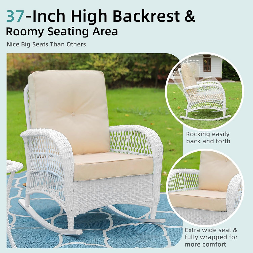 Outdoor Wicker Rocking Chair, Rattan Patio Rocker Chairs with Cushions and High Back, All-Weather Patio Wicker Chair