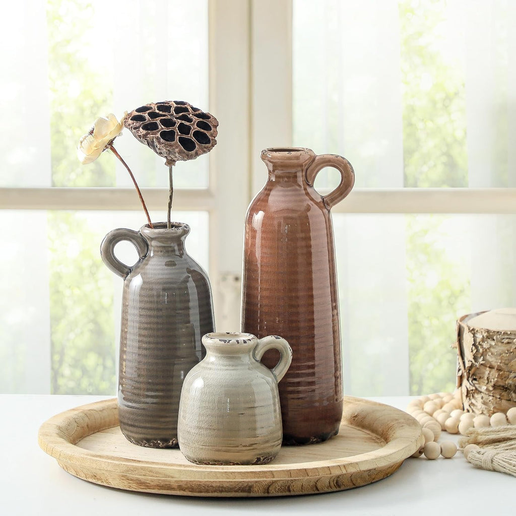 Ceramic Vases Set of 3, Neutral Rustic Farmhouse Vase with Handle, Decorative Flower Vases Home Decor Modern Boho