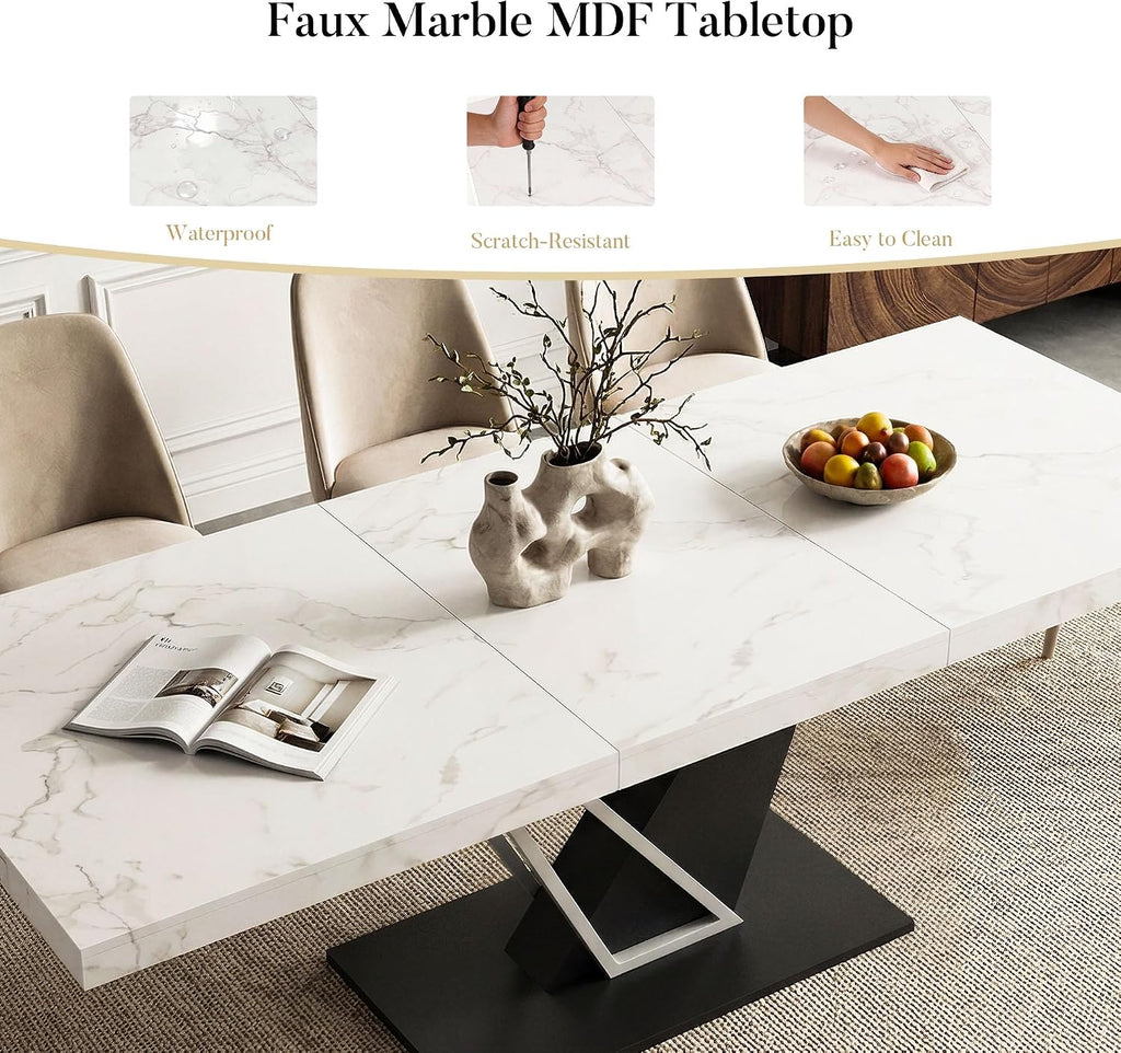 59'' to 78.7'' Extendable Dining Table for 4-8, Faux Marble Expandable Kitchen Table with Sturdy Metal Base