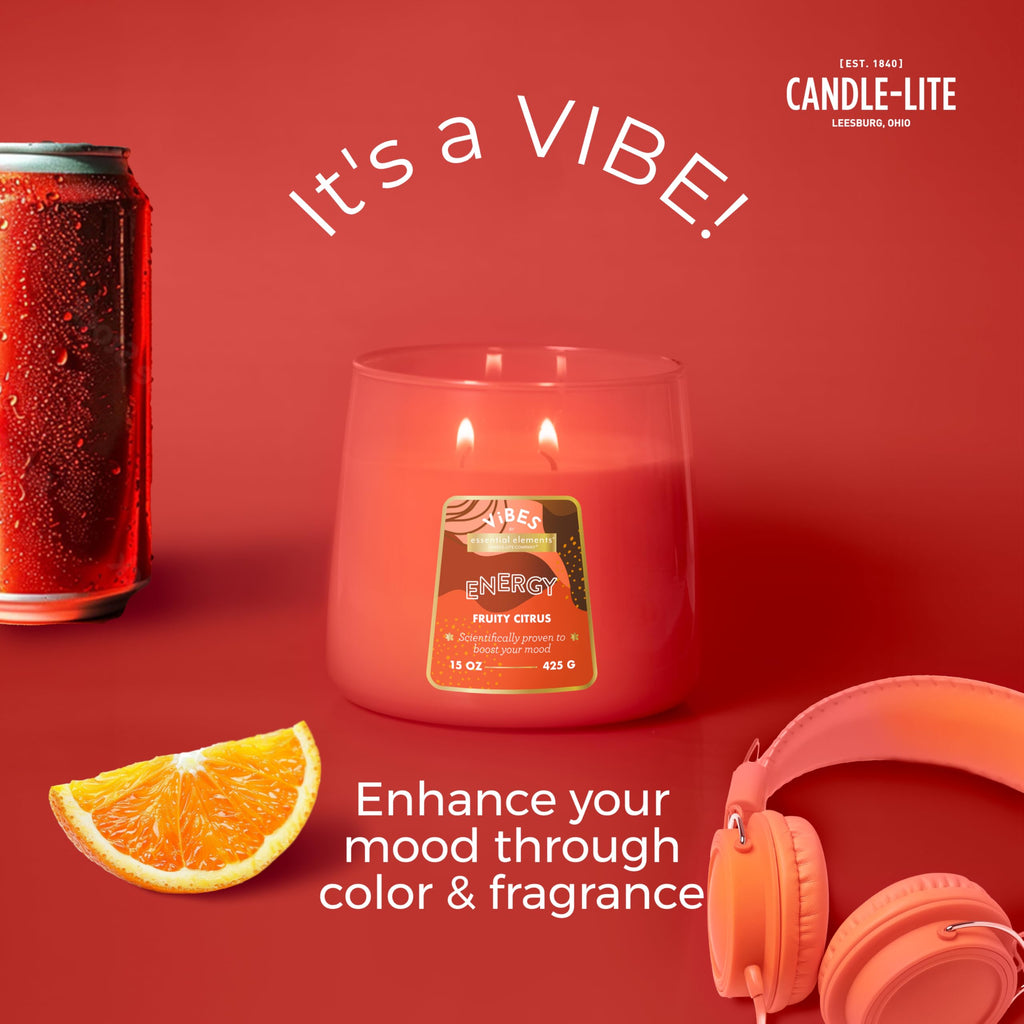 Vibes Fruity Mood-Enhancing Scented Candles, 15 oz Jar, Aromatherapy, Proudly Poured in The USA, 2-Wick, 86 Hours