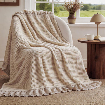 Waffle Weave Blanket 43" x 63" 100% Cotton Neutral Boho Farmhouse Woven Knitted Beige Throw with Ruffles Warm Soft