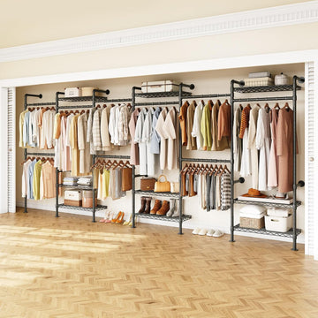 H6 Wall Mounted Closet System, Industrial Pipe Clothes Rack Clothing Racks with 6 Telescopic Rods & 3 Fixing Rods & 9