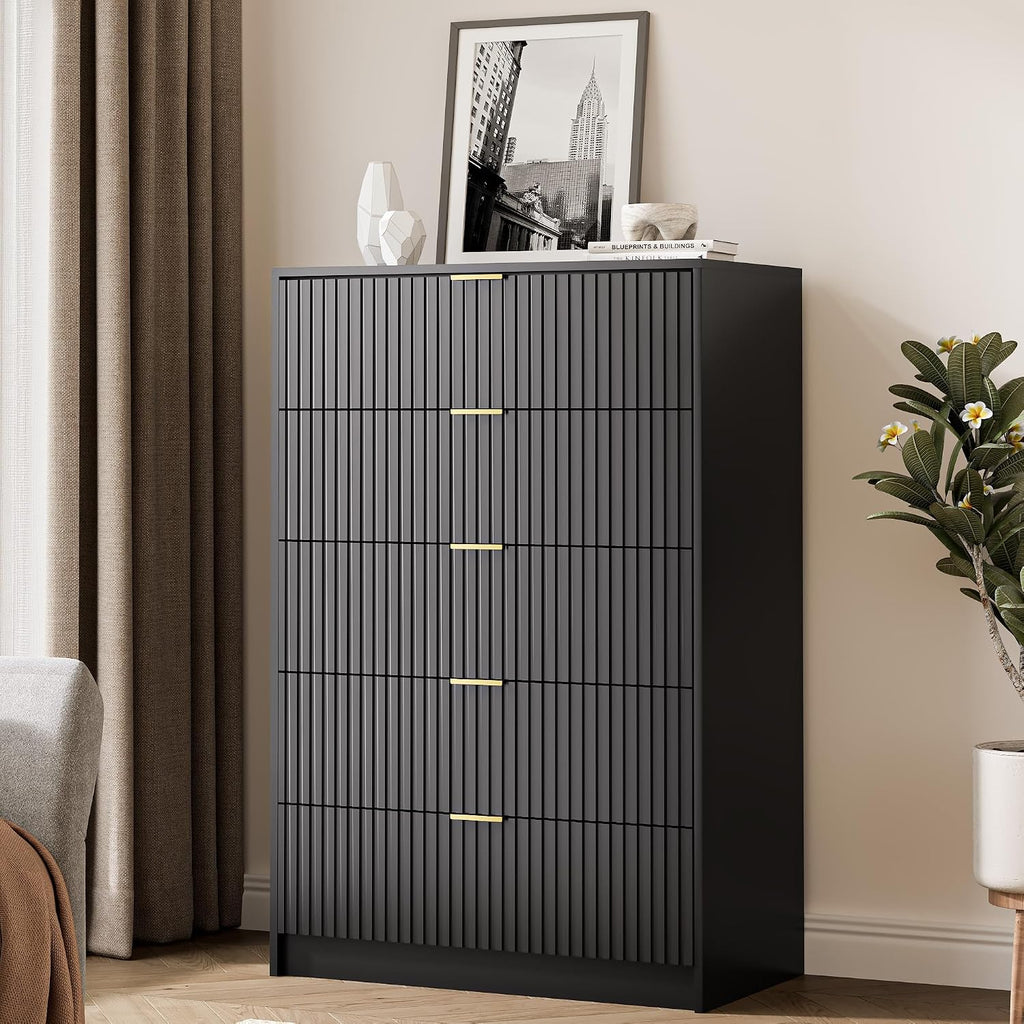 5 Drawer Dresser , Tall Dresser Chest of Drawers with Gold Handles, 32 Inch Wide Nightstand with s, Offices, and