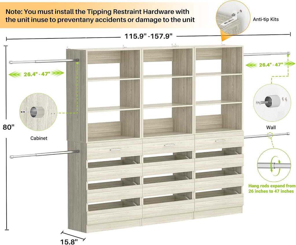 Closet System with 12 Drawers, 8.5-11.5Ft Wood Closet Organizer System with 4 Hanging Rods & 3 Towers, 4Ft & 6Ft