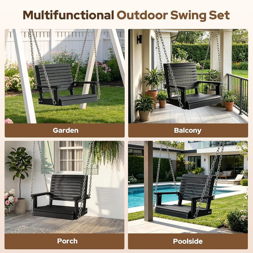 HDPE Single Outdoor Porch Swing, 360 LBS Hanging Swing Chair, Black | All-Weather & Fade Resistant, Adjustable