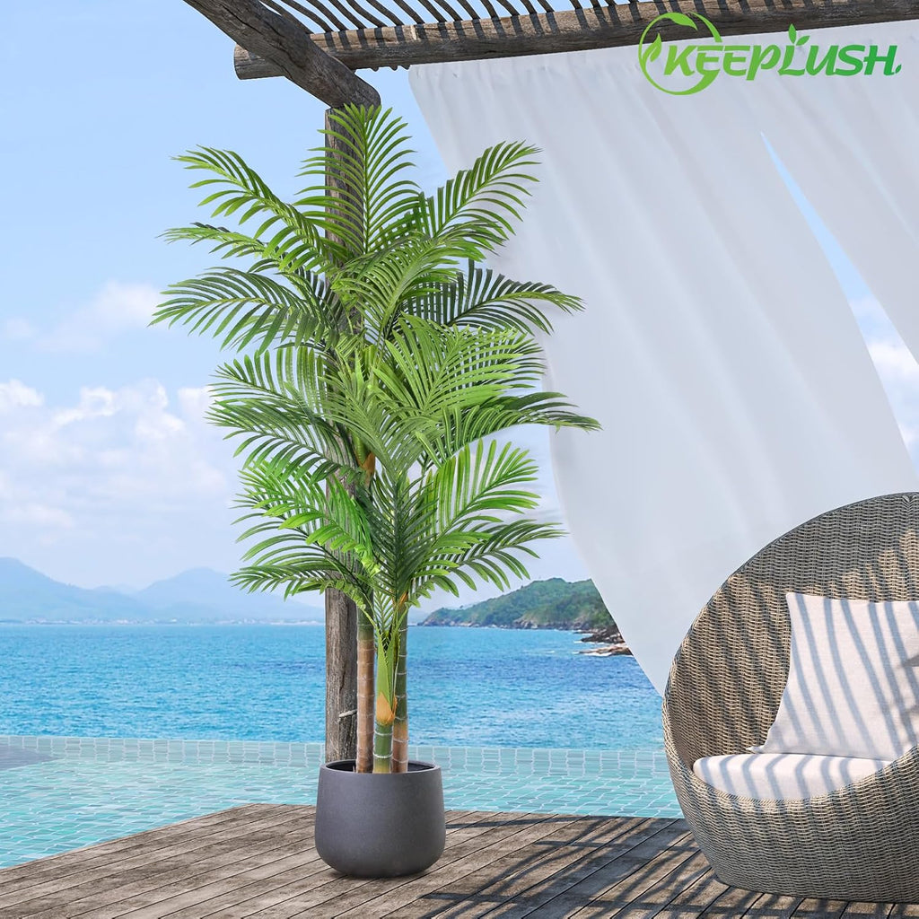6ft Tall Triple Golden Cane Palm Artificial Tree 72inch Large Tropical Palm Tree UV Resistant Fake Plant in Pot - Set of 2