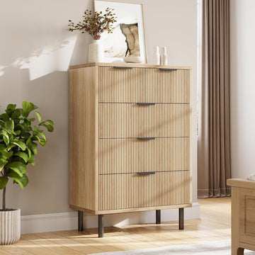 Oak Fluted 5 Drawer Dresser , Modern Wood Chest of Drawers with Wide Drawers, Closet Dresser Organizer with