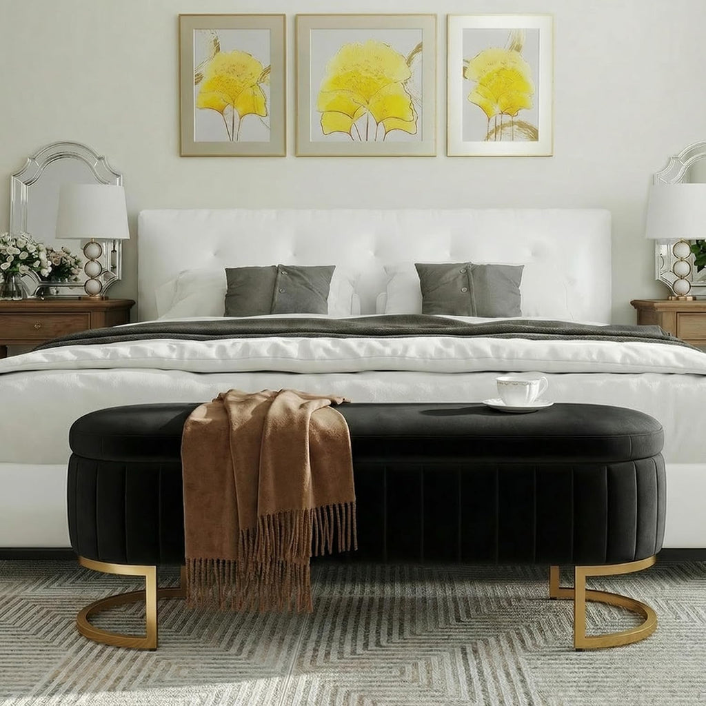 51" Velvet Storage Ottoman Bench End of Bed Entryway Black