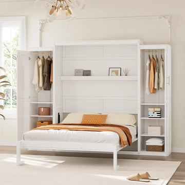 Full Vertical Murphy Bed with Wardrobe,Cabinet,and Storage Shelves,Wood Foldable Hidden Murphy Wall Bed for Adults