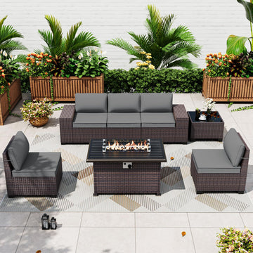 7 Pieces Patio Furniture Set with Fire Pit Table, Oversized Seat/Armrest and High Back Wicker Conversation
