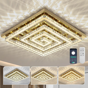 43" Modern Gold Crystal Chandelier with Remote/App Control, Dimmable Flush Mount Ceiling Light Fixture,3-Color
