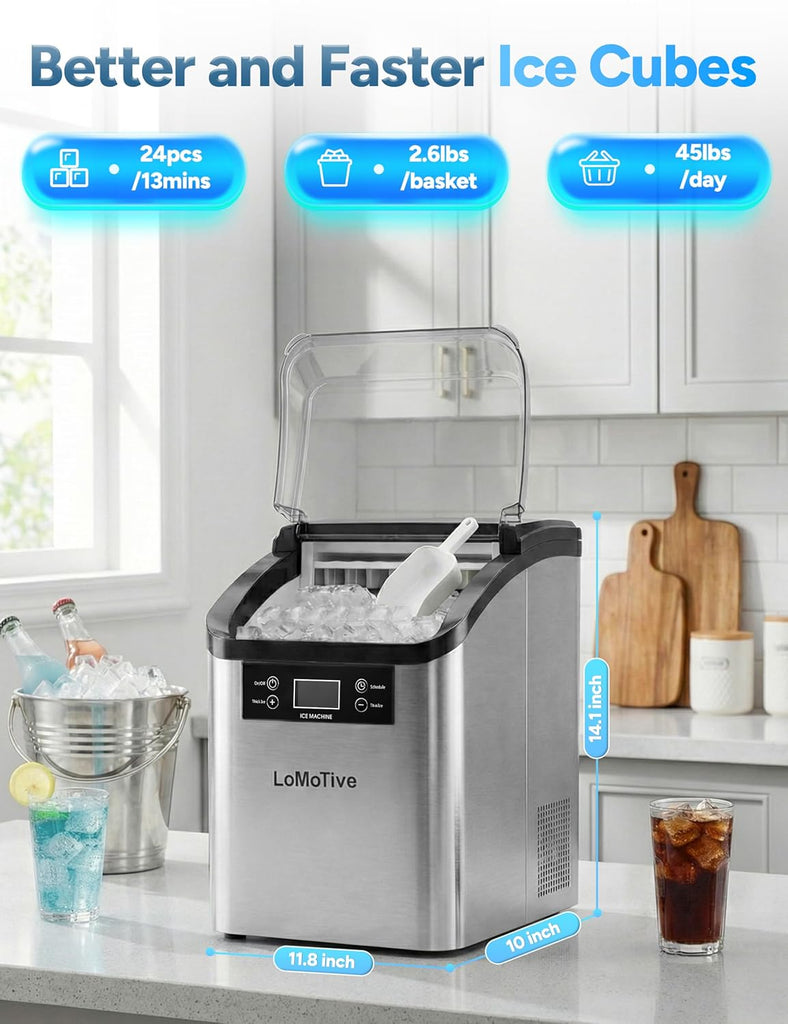 Countertop Ice Maker, 45Lbs/Day Clear Ice Cube Maker with Self-Priming Water Supply, 24 Cubes Ready in 13 Mins, 6 Ice