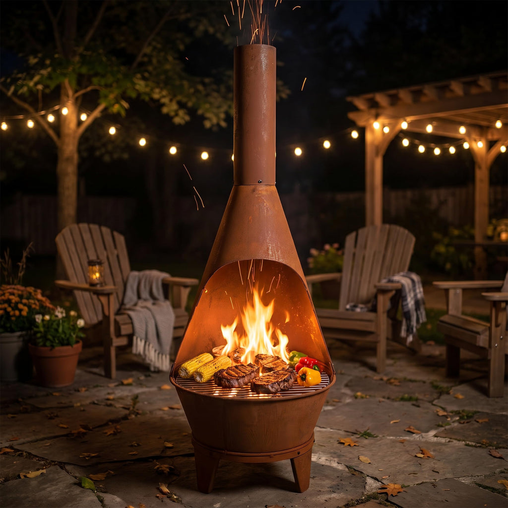 Large Chiminea Outdoor Fireplace with Grill Grate, Rustic, 58"