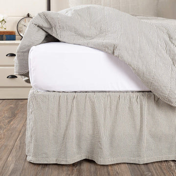 Hatteras Seersucker Ticking Striped Cotton Americana Split Corners Gathered Queen Bed Skirt, 60x80x16, Denim Blue