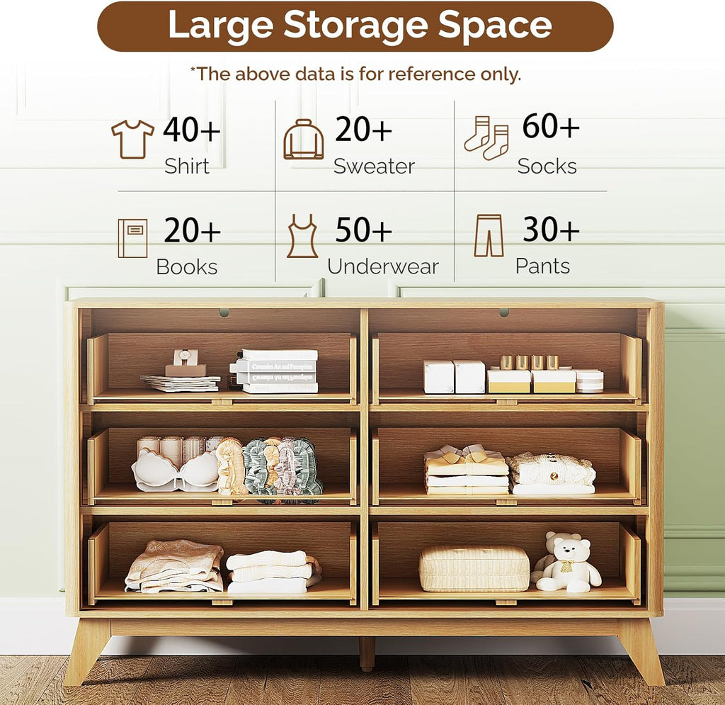 Fluted Dresser , 6 Drawer Dresser w/Rounded Edges, Mid Century Modern Dressers Natural Wood Color, 46.8" W*15.6"