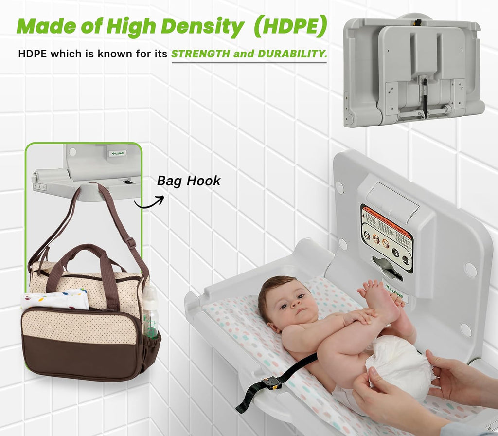 Wall Mounted Baby Changing Station - Horizontal Baby Changing Table Foldable Diaper Tables with Safety Strap for
