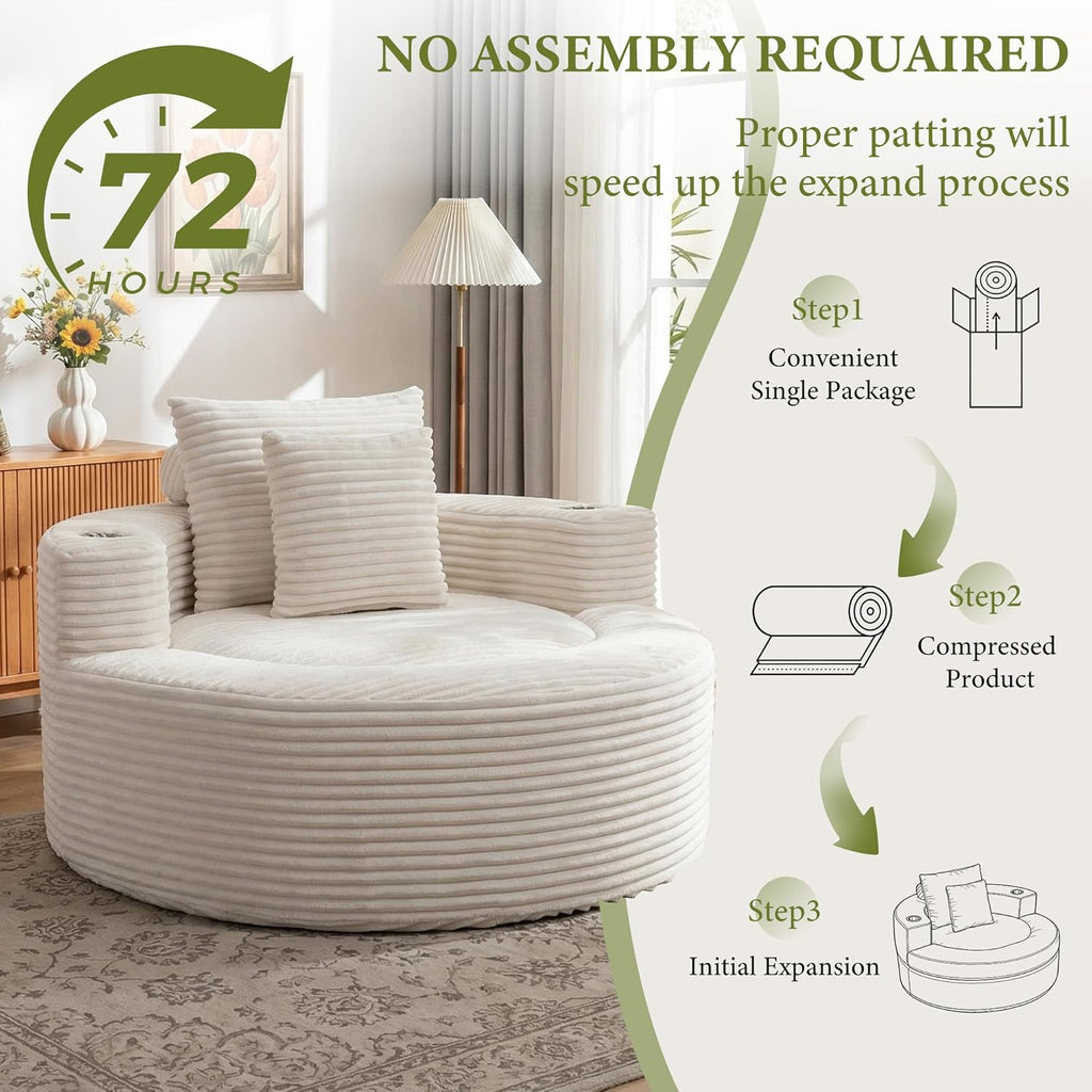 55.5" Oversized Round Chaise Lounge Chair Indoor, Corduroy White | Modern Upholstered Boneless Chair, Deep Seat