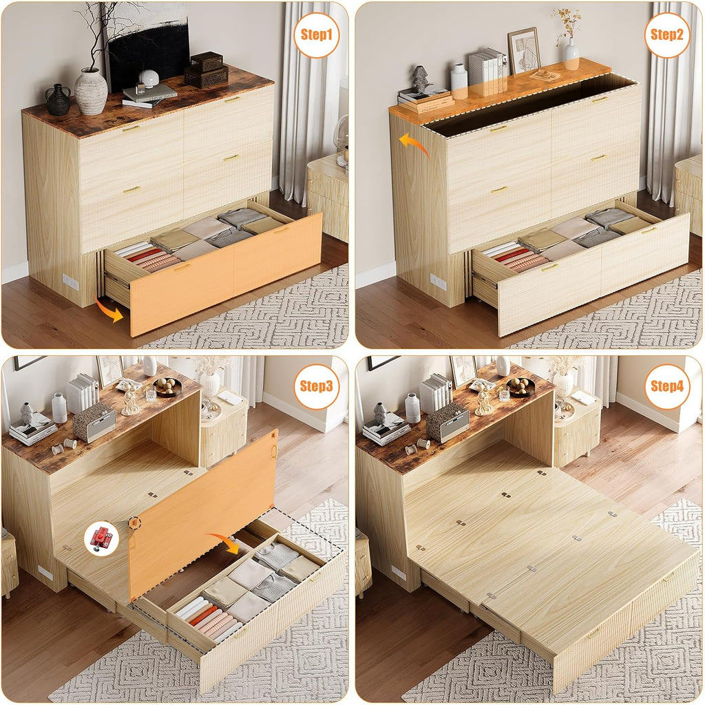 Queen Murphy Bed with Storage Drawer,2 Charging Station,Fluted Wooden Foldable Bed Cabinet,Boho,Hideaway Paltform