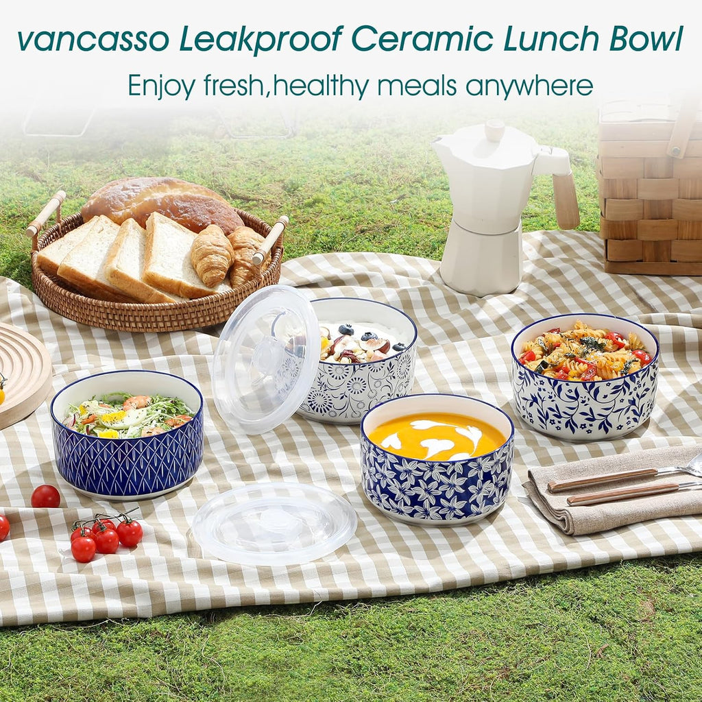 36 Oz Ceramic Serving Bowls with Lids Set of 4, Porcelain Lunch Bowls with Lids for Food Storage, Prep Bowl