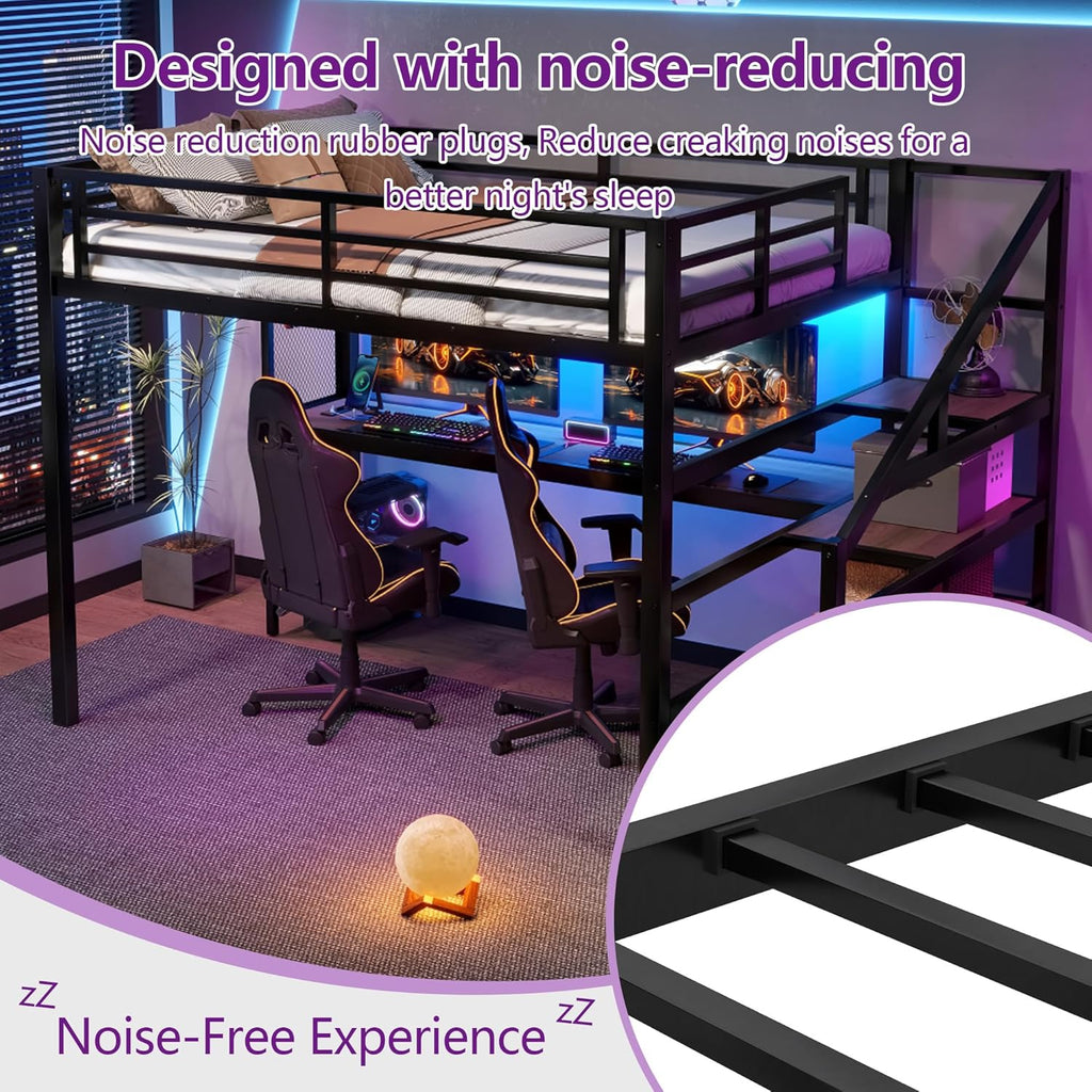 Full Loft Bed with Desk & Storage Stairs, Metal Full Loft Bed Frame with Iron Nets, LED Lights & USB Ports