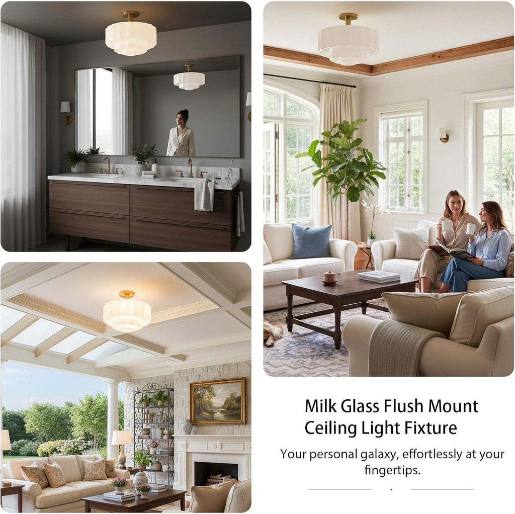 Milk Glass Ceiling Light Fixture - 13.7'' Antique Gold Semi-Flush Mount Ceiling Light for Bedroom, Foyer, Living Room