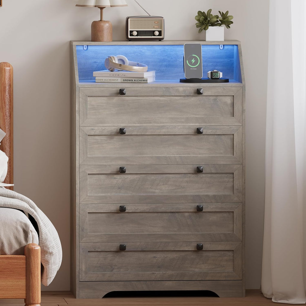 Grey Dresser Tall 5 Drawer Dresser , Wood Chest of Drawers with LED Lights, Charging Station, Metal Handles, Modern