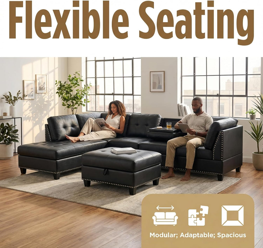 L-Shaped Sectional Sofa with Movable Chaise & Storage Ottoman