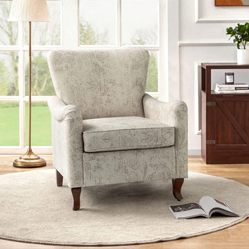 Floral Accent Chair, Modern High Back Armchair with Wooden Legs, Comfy Wingback Chair Upholstered Accent Single Sofa