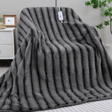 Heated Blanket Electric Throw- 50"x60" Soft Thick Faux Fur Electric Blanket for Sofa with 5 Heat Levels & 4 Hours