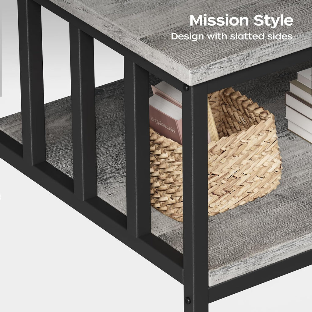 Coffee Table with Slatted Sides Frame, Modern Farmhouse Living Room Table with 2-Tier Storage Shelf, 39 ...