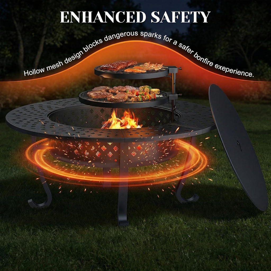 Outdoor Fire Pit, 43" Fire Pit for Outside Wood Burning with Adjustable 2 Grills, Firepit with Lid and Fire Poker, BBQ