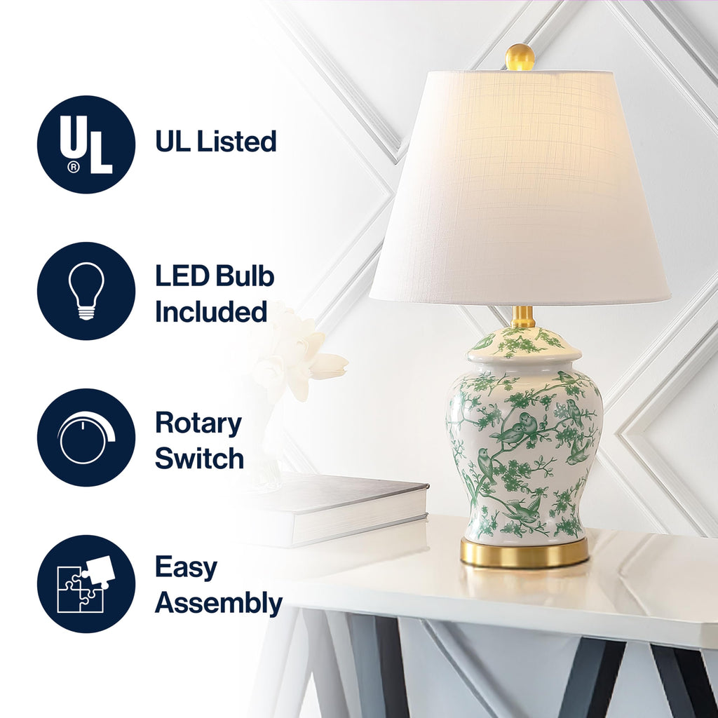 Penelope Ginger Jar 22" LED Table Lamp, White/Green