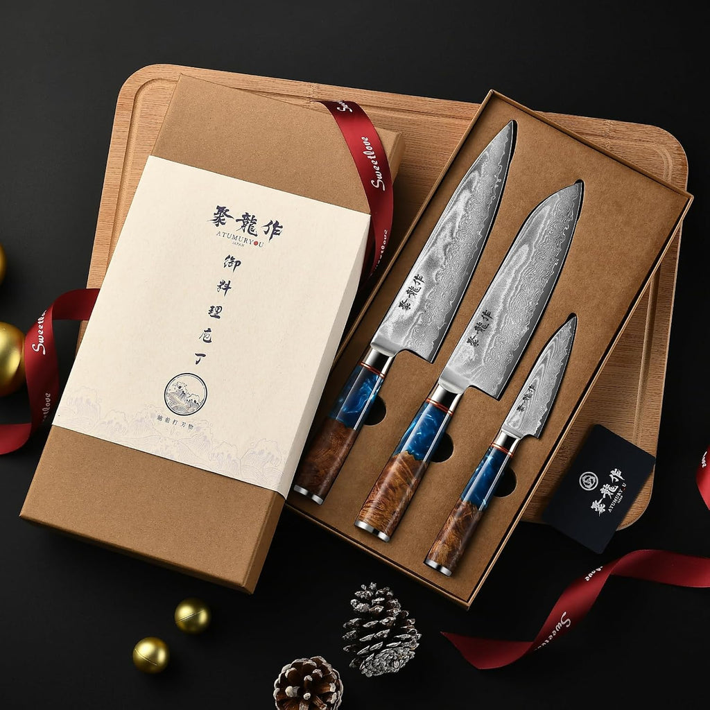 Japanese Chef Knife Set 3 Pcs, 67-Layer Damascus Kitchen Knife Set with VG10 Steel Core, Professional Sharp Damascus