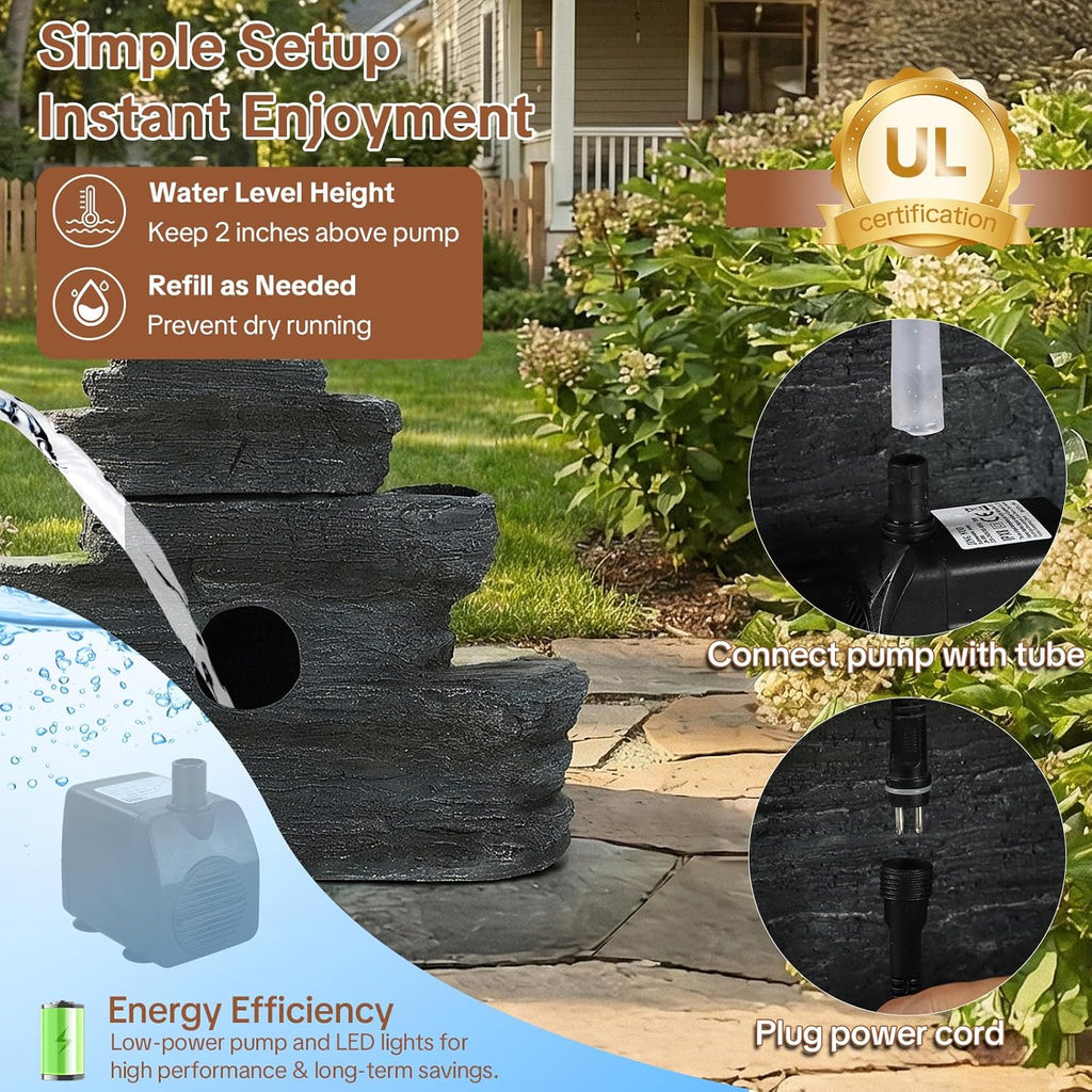 4-Tier Outdoor Water Fountain, 29.7" L Rustic Rock Waterfall Fountain with LED Lights