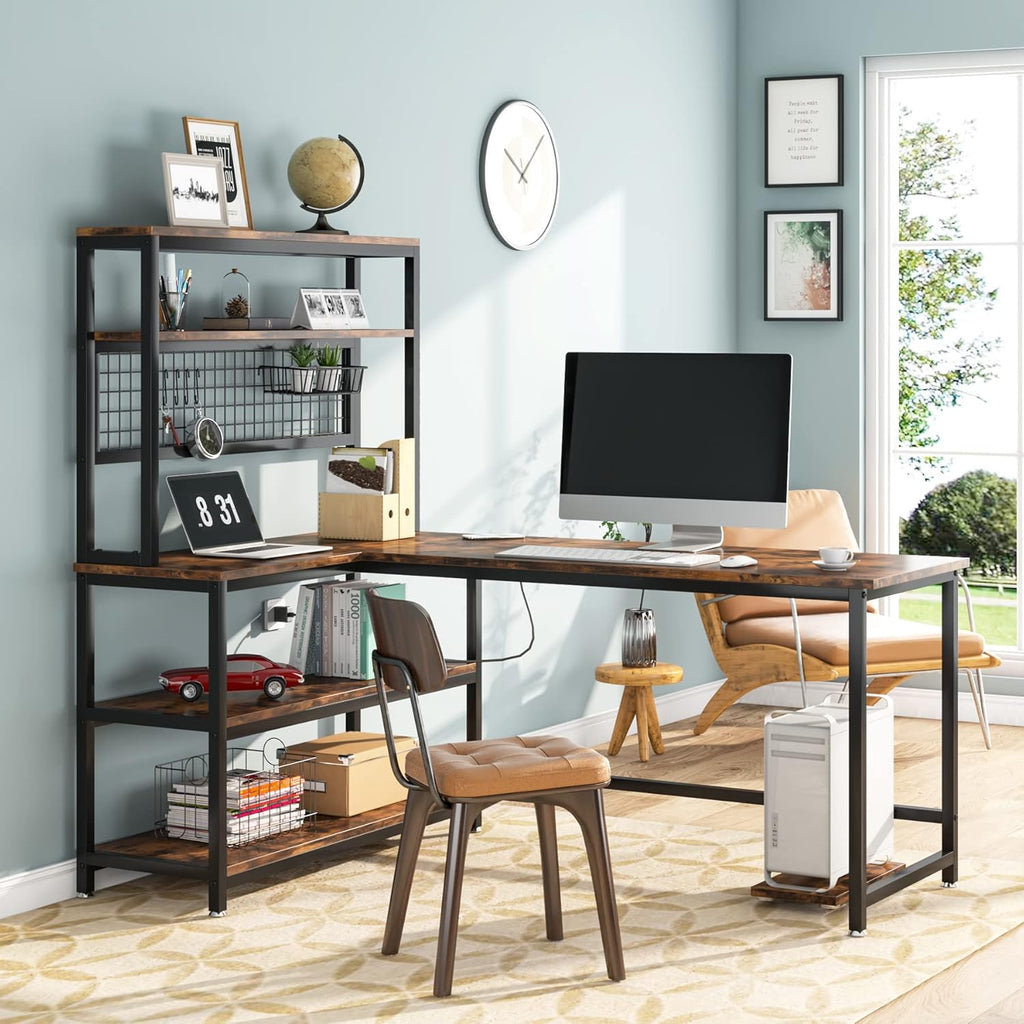 55" L-Shape Computer Desk with Hutch and Wireless Charging