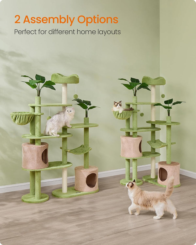 Cat Tree, 68.1-Inch Multi-Level Plush Cat Tower, Artificial Leaves