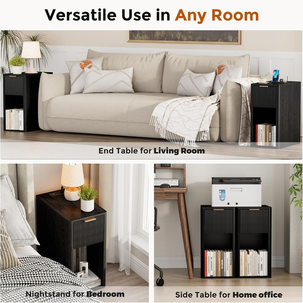 Narrow End Table with Fluted Drawer and Charging Station, Small Nightstand with USB Ports & Outlets, Bedside Table