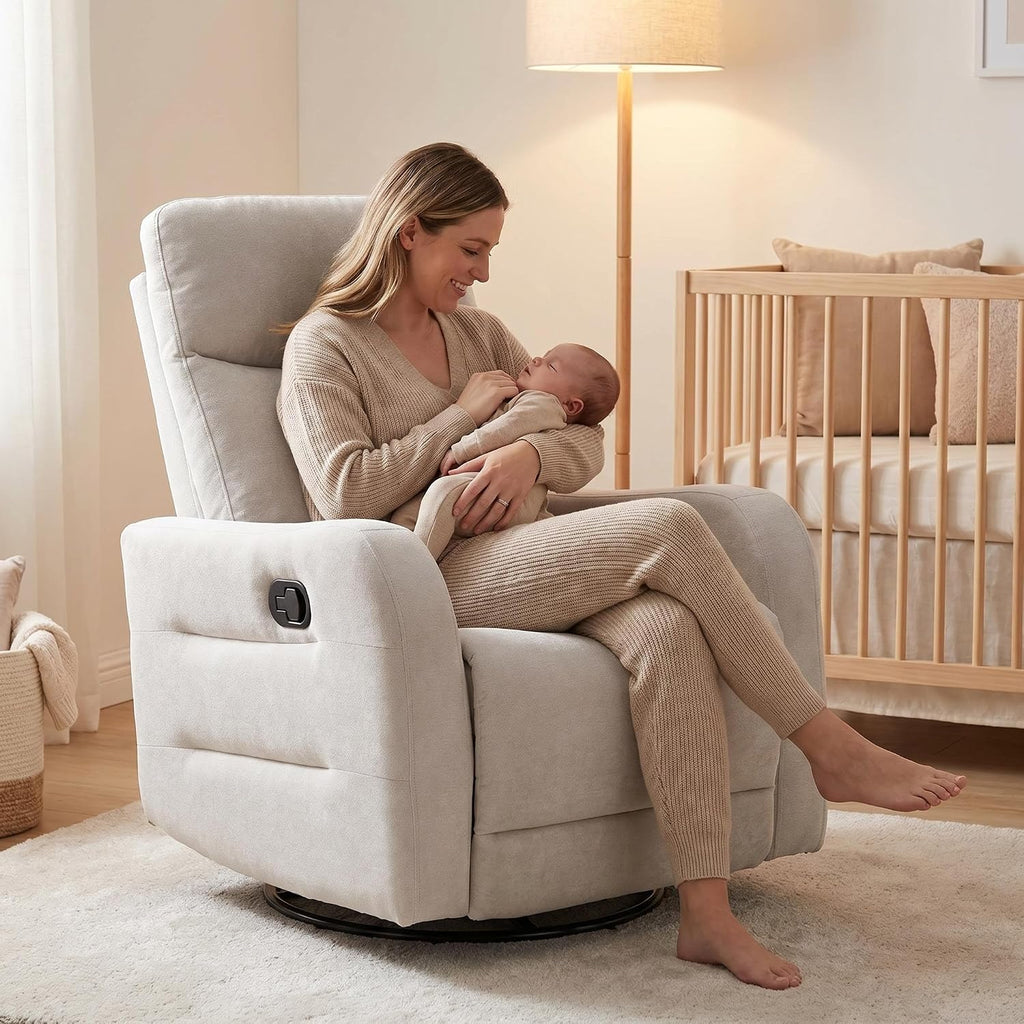 360° Swivel Glider Rocker Recliner Chair, Manual Reclining Sofa Chair with Side Pull Handle,Fabric Upholstered Lounge
