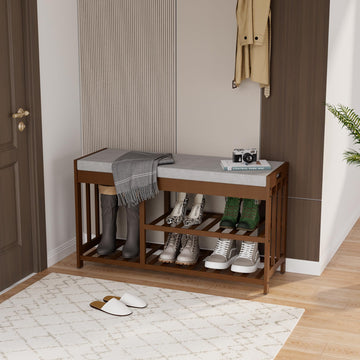 Bamboo Shoe Storage Bench with Cushioned Seat 3-Tier Entryway Shoe Rack