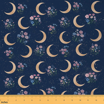 Moon Fabric by The Yard, Starry Galaxy Moon Sky Soft Polyester No Stretch Fabric, Country Rustic Flowers Decorative