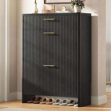 Fluted Shoe Storage Cabinet , Narrow Wooden Shoe Cabinet with 2 Flip Drawers & Pull-Out Drawer, Modern Freestanding