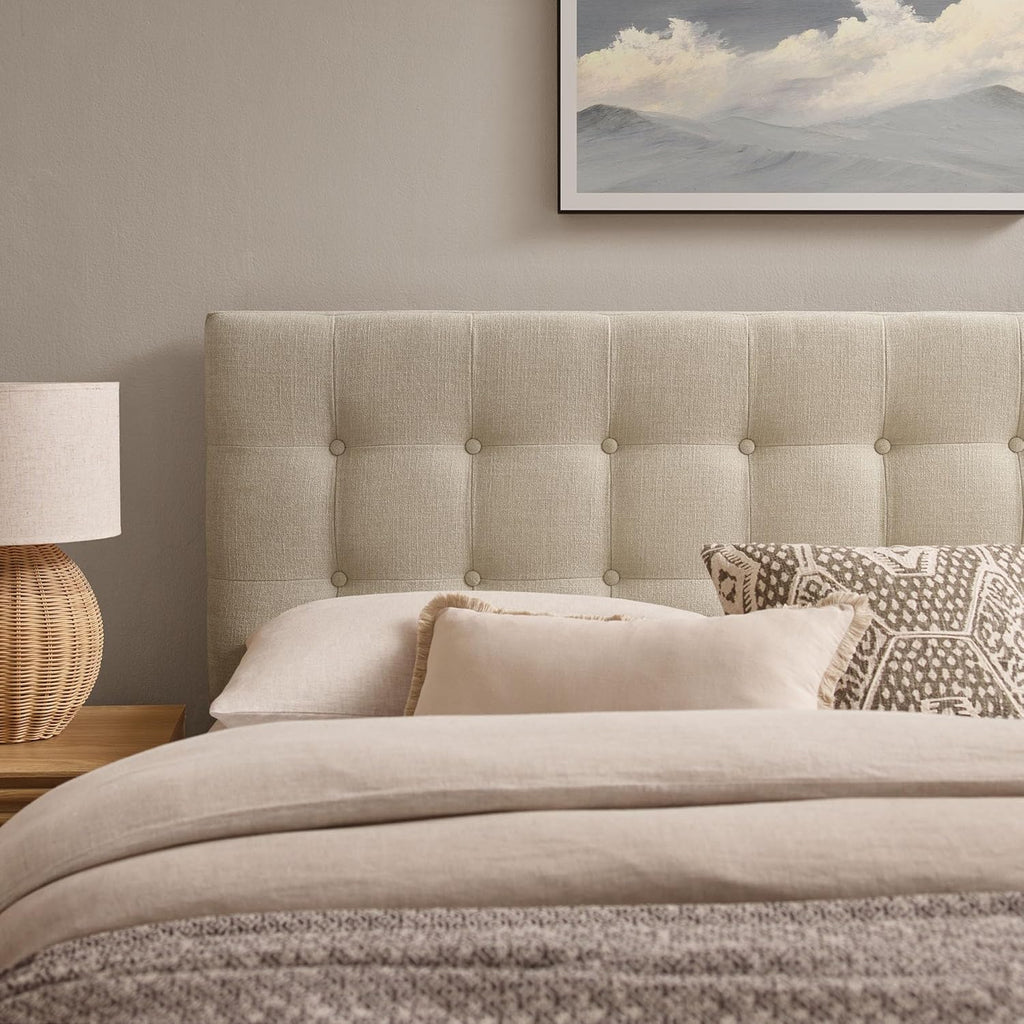 Queen Fabric Headboard in Ecru - Linen-Like Upholstery with Button Tufting and 7 Adjustable Height Positions
