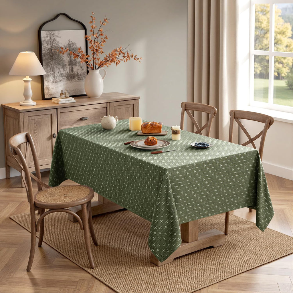 Olive Green Linen Table Cloth Rectangle Tablecloth Waterproof Spring Spillproof Cross-Star Textured 