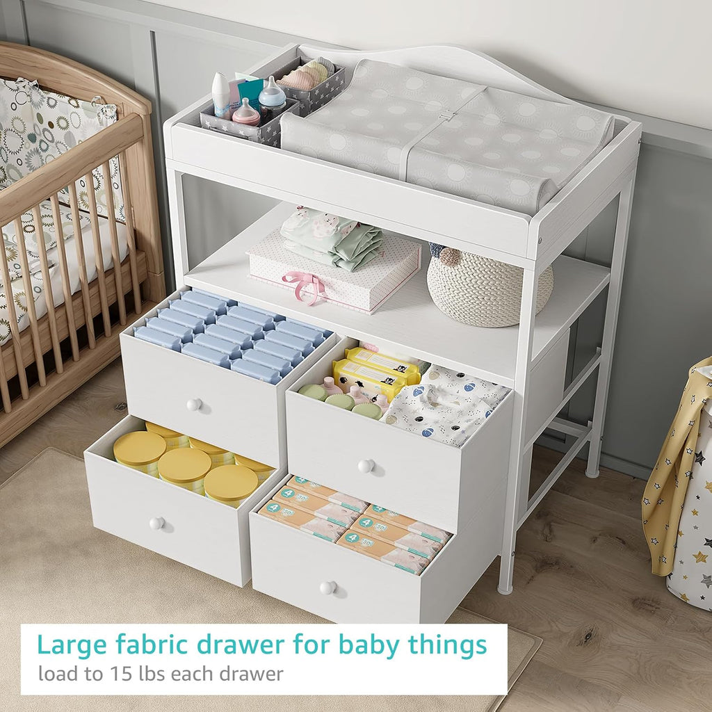 Changing Table Dresser with 4 Fabric Drawers and Open Shelf, Baby Dresser with Changing Table Top Diaper Changing