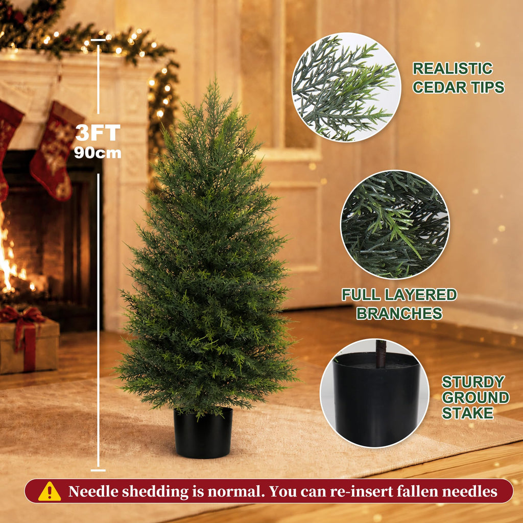 2 Pack 3FT Artificial Topiary Cedar Trees for Outdoor Front Porch
