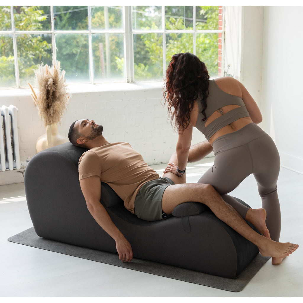 Chakra Yoga Chaise - 2 Adjustable Headrests & Handles with Adjustable Straps, Micro-Velvet/Microloop, Black & Grey