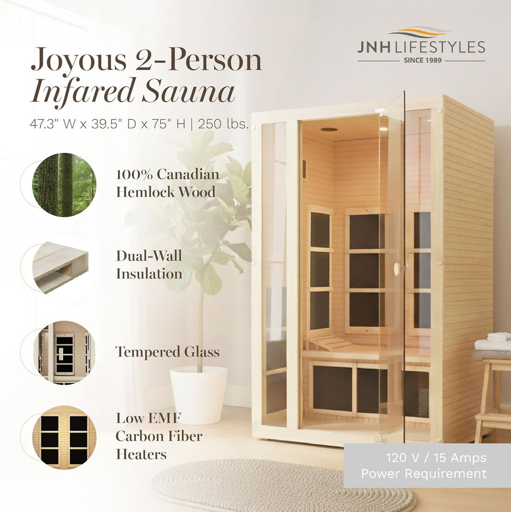 Lifestyles Joyous 2-Person Low EMF FAR Infrared Sauna with Chromotherapy Light for Home Indoor Spa Use