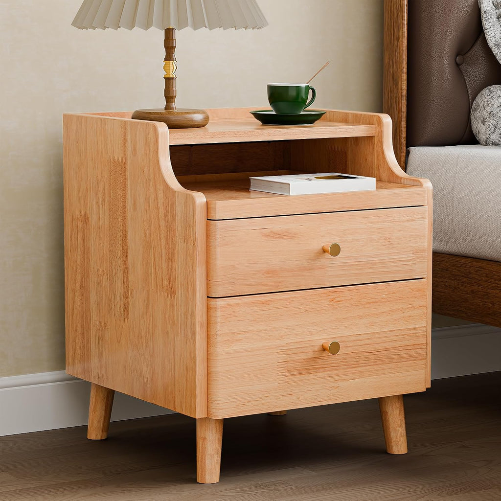 Nightstand with Drawers, Pre-Assembled, 19.7" H Natural Solid Wood Night Stand with Open Sliding Shelf, Mid Century