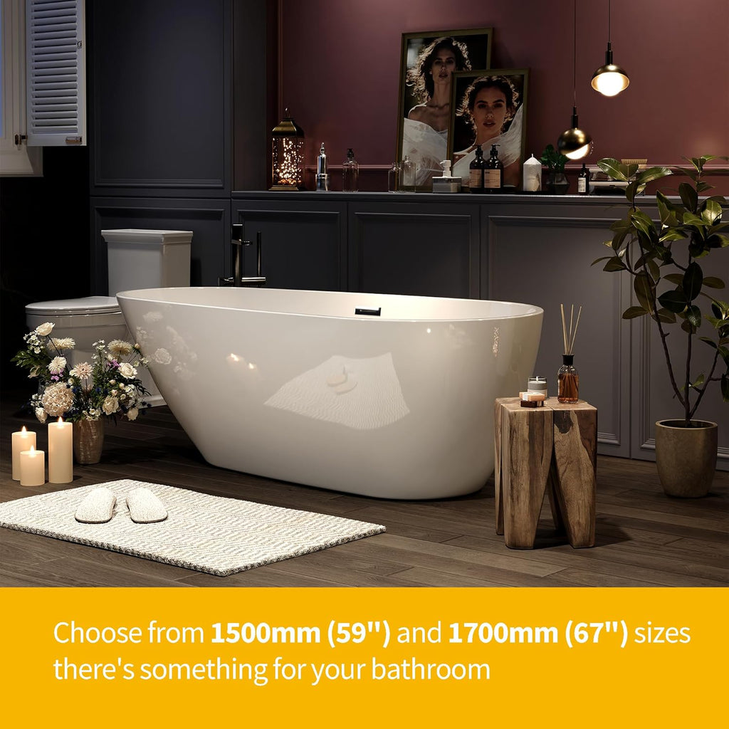 67" Premium Lucite Freestanding Bathtub, Deep Soaking Upright Tub with Matte Drain & Black Water Bypass