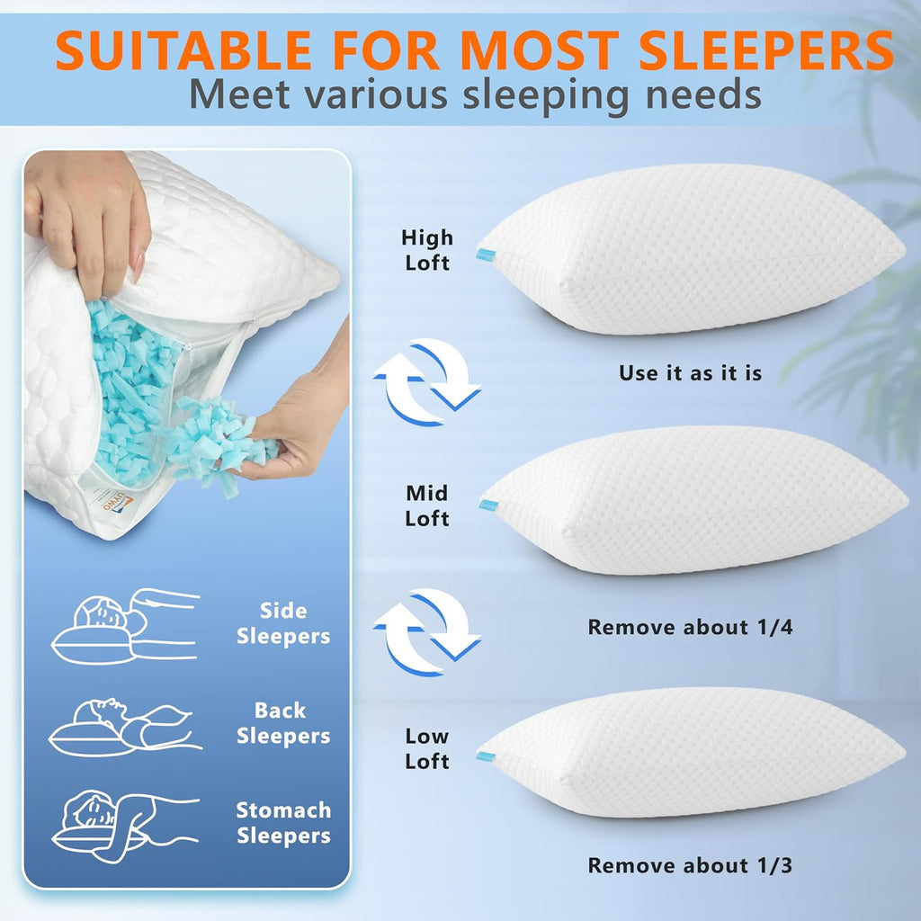 Cooling Pillows Queen Size Set of 2, Adjustable Memory Foam Pillows | Firm/Soft Cooling Bed Pillows for